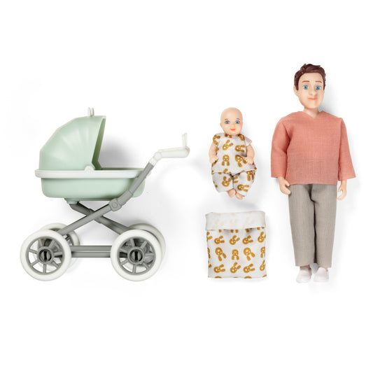 Lundby Puppenhauspuppe Mann mit Baby und Kinderwagen