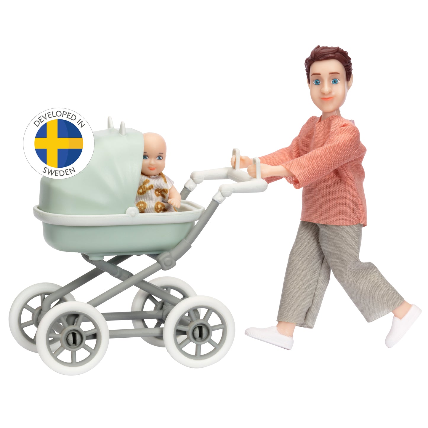 Lundby Puppenhauspuppe Mann mit Baby und Kinderwagen