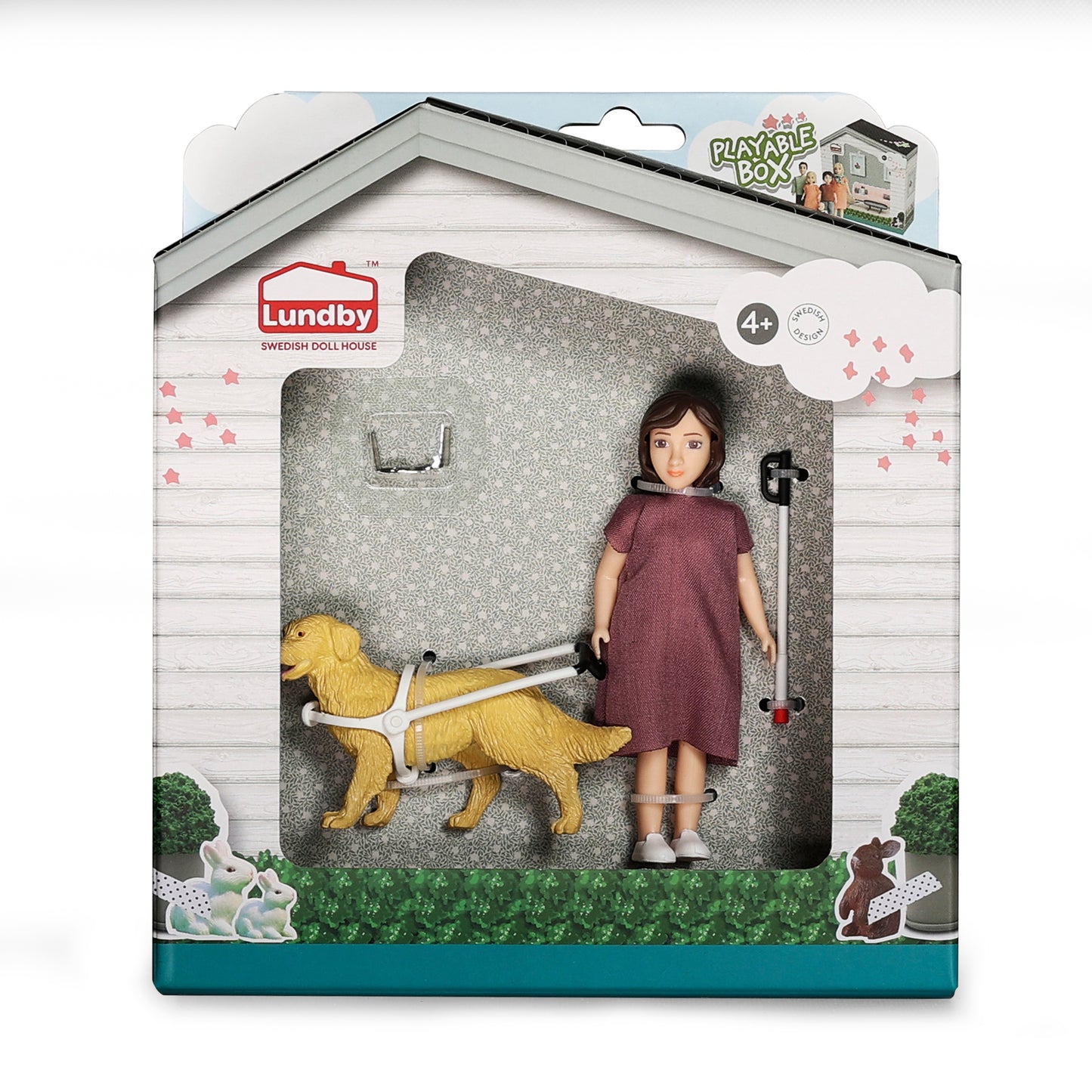 Lundby Puppenhauspuppe mit Blindenstock und Blindenhund
