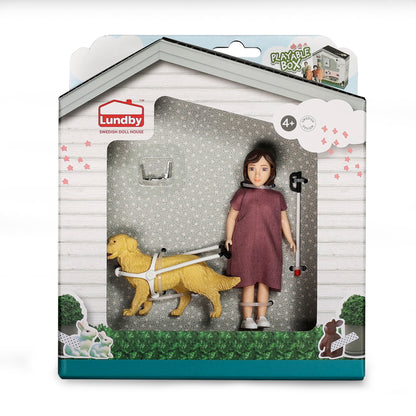 Lundby Puppenhauspuppe mit Blindenstock und Blindenhund
