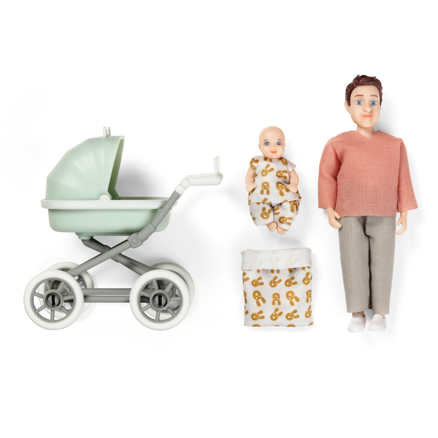 Lundby Puppenhauspuppe Mann mit Baby und Kinderwagen