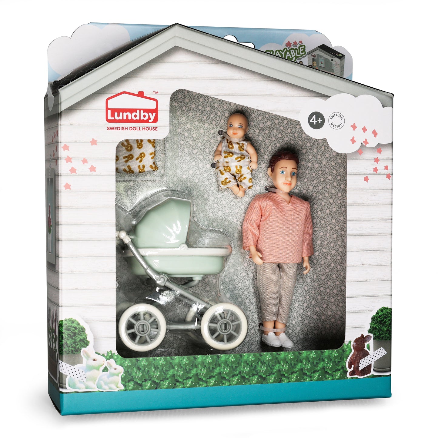Lundby Puppenhauspuppe Mann mit Baby und Kinderwagen