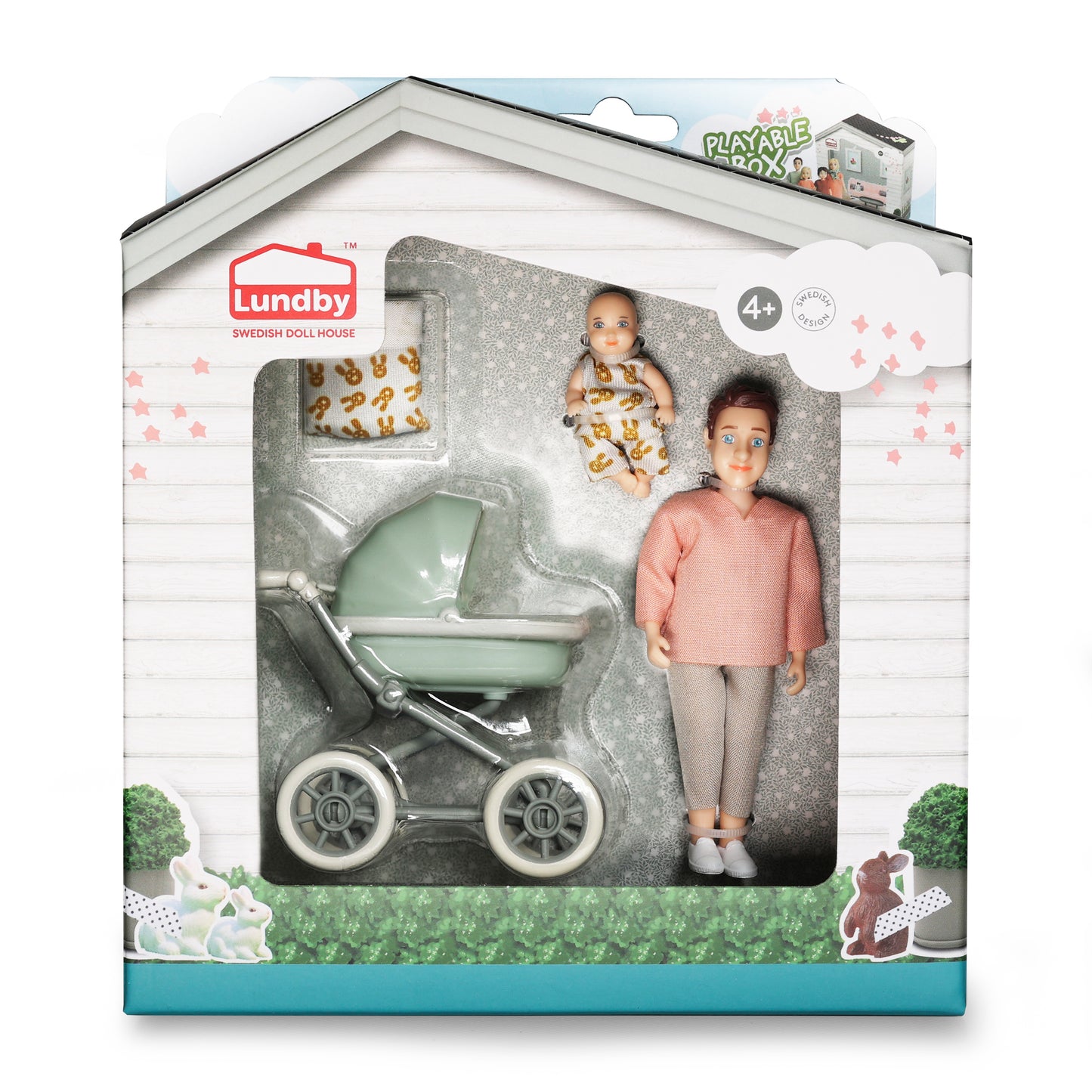 Lundby Puppenhauspuppe Mann mit Baby und Kinderwagen