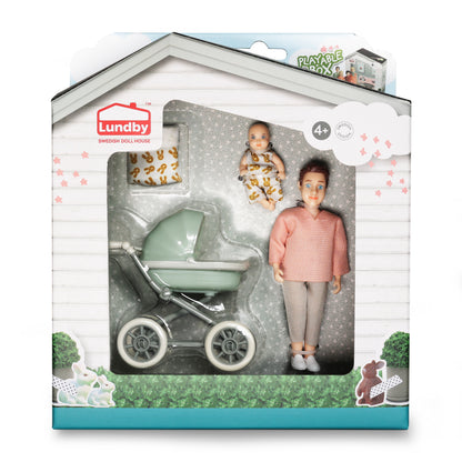 Lundby Puppenhauspuppe Mann mit Baby und Kinderwagen