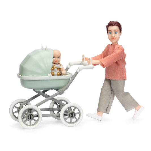 Lundby Puppenhauspuppe Mann mit Baby und Kinderwagen