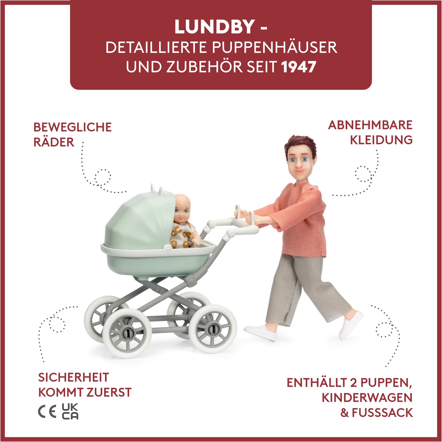 Lundby Puppenhauspuppe Mann mit Baby und Kinderwagen